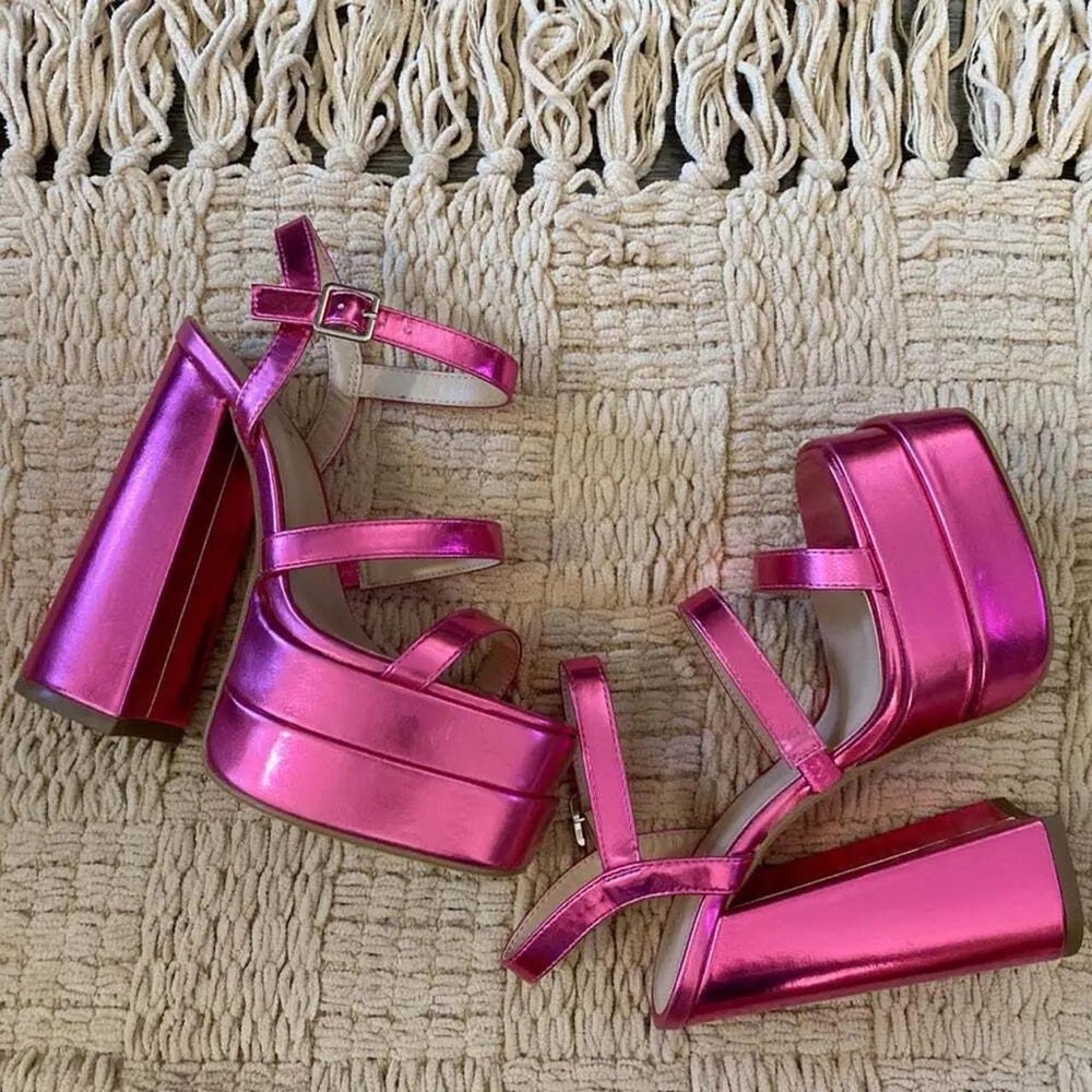 Metallic Pink Platform Block Heels – Strappy Ankle Buckle